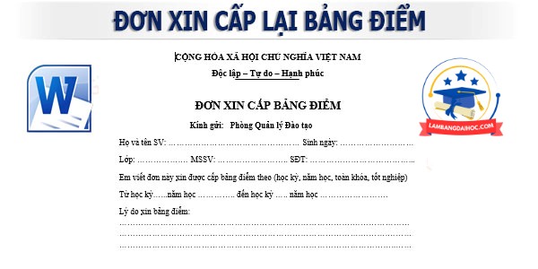 đơn xin cấp lại bảng điểm đại học